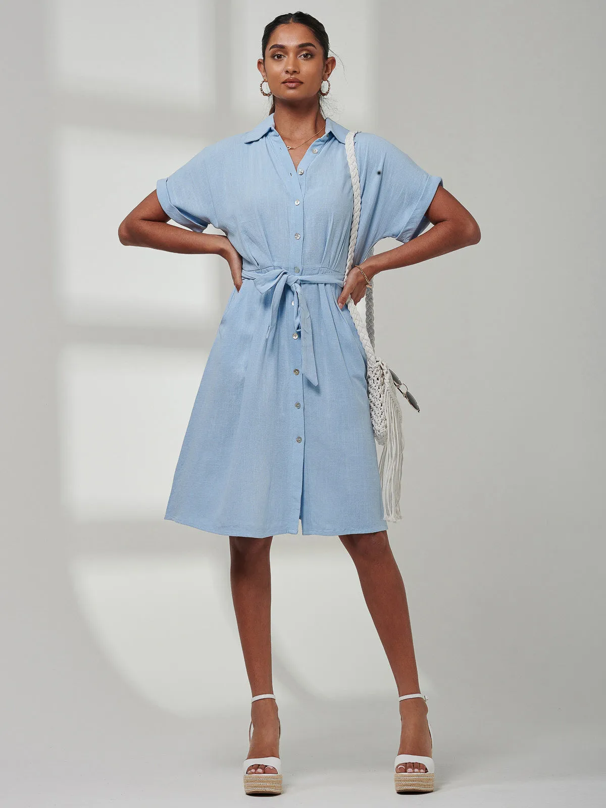 Olivea Linen Drop Shoulder Shirt Dress, Blue