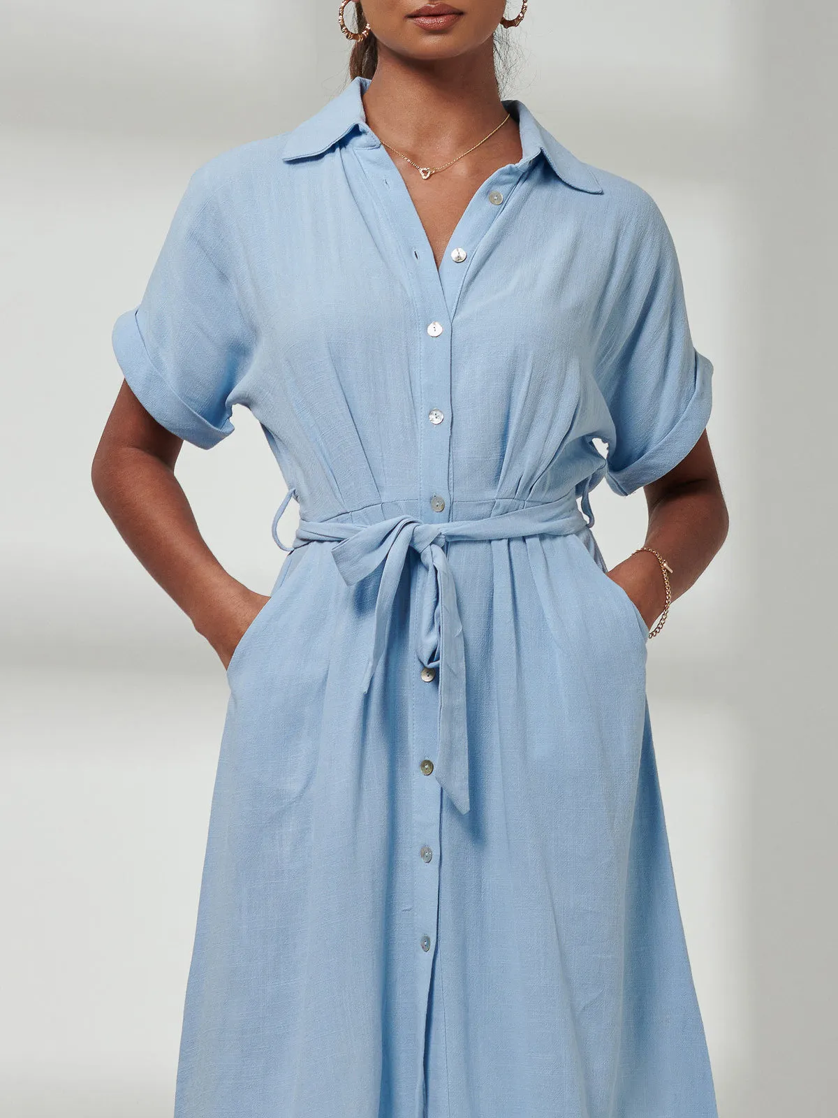 Olivea Linen Drop Shoulder Shirt Dress, Blue