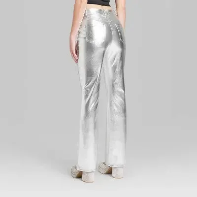 Open Box - Wild Fable Women's High Rise Flare Casual Metallic Faux Leather Pants