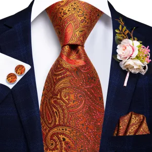 Orange Paisley Tie Handkerchief Cufflinks Set with Wedding Brooch