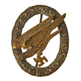 Original German WWII Early Tombak Luftwaffe Paratrooper Fallschirmjäger Badge by C.E. Juncker - Parachutist Badge