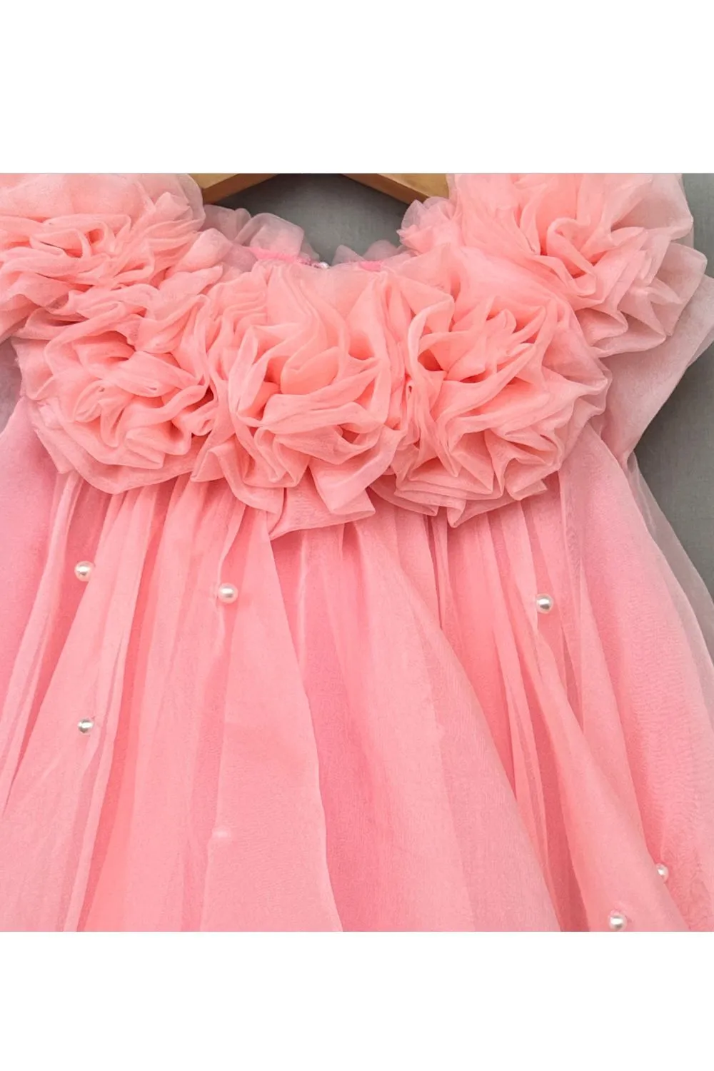 Peach Pearl Handmade flowers Embellished Dress