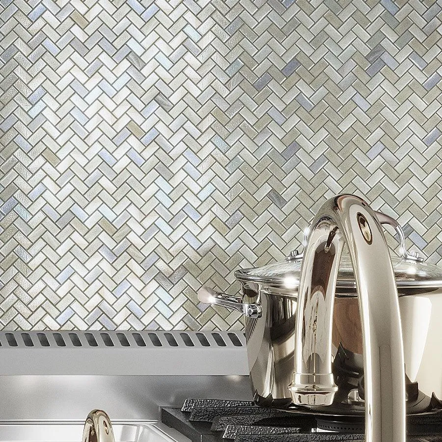 Pearl Herringbone Glass Mosaic Tile