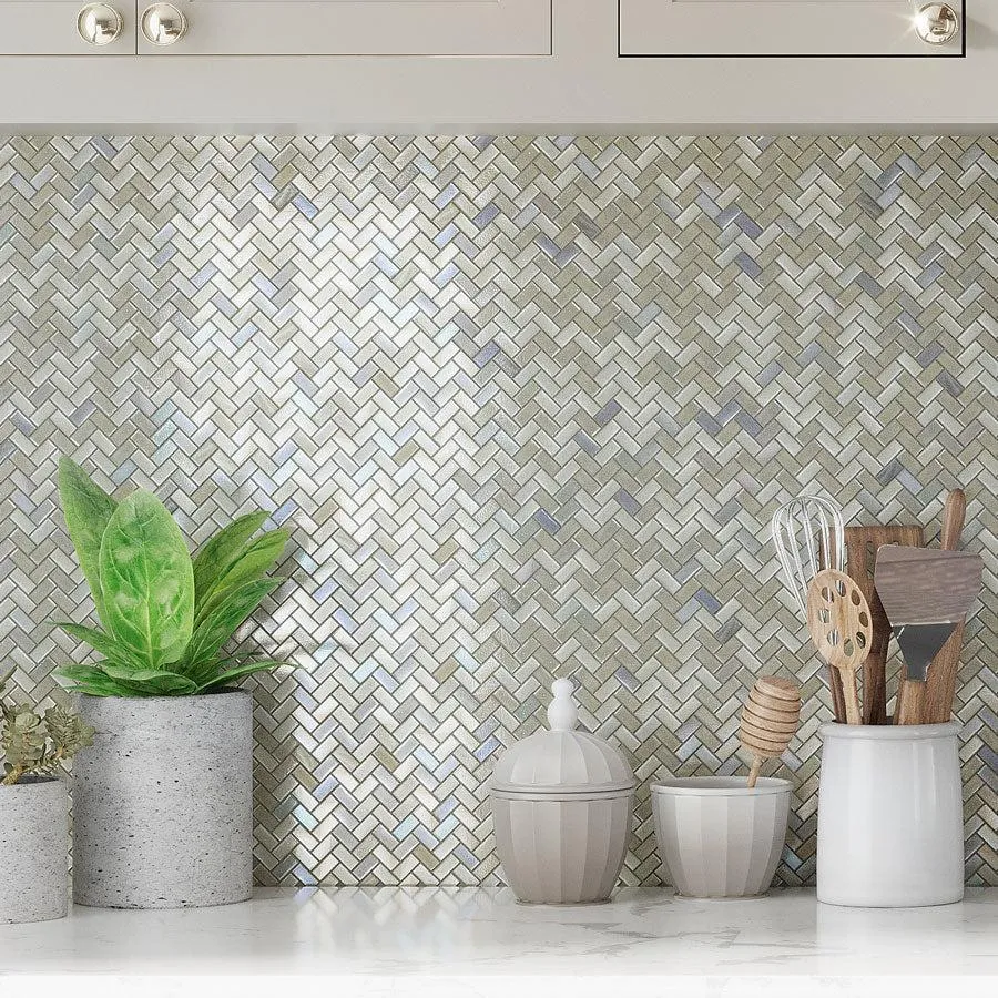 Pearl Herringbone Glass Mosaic Tile