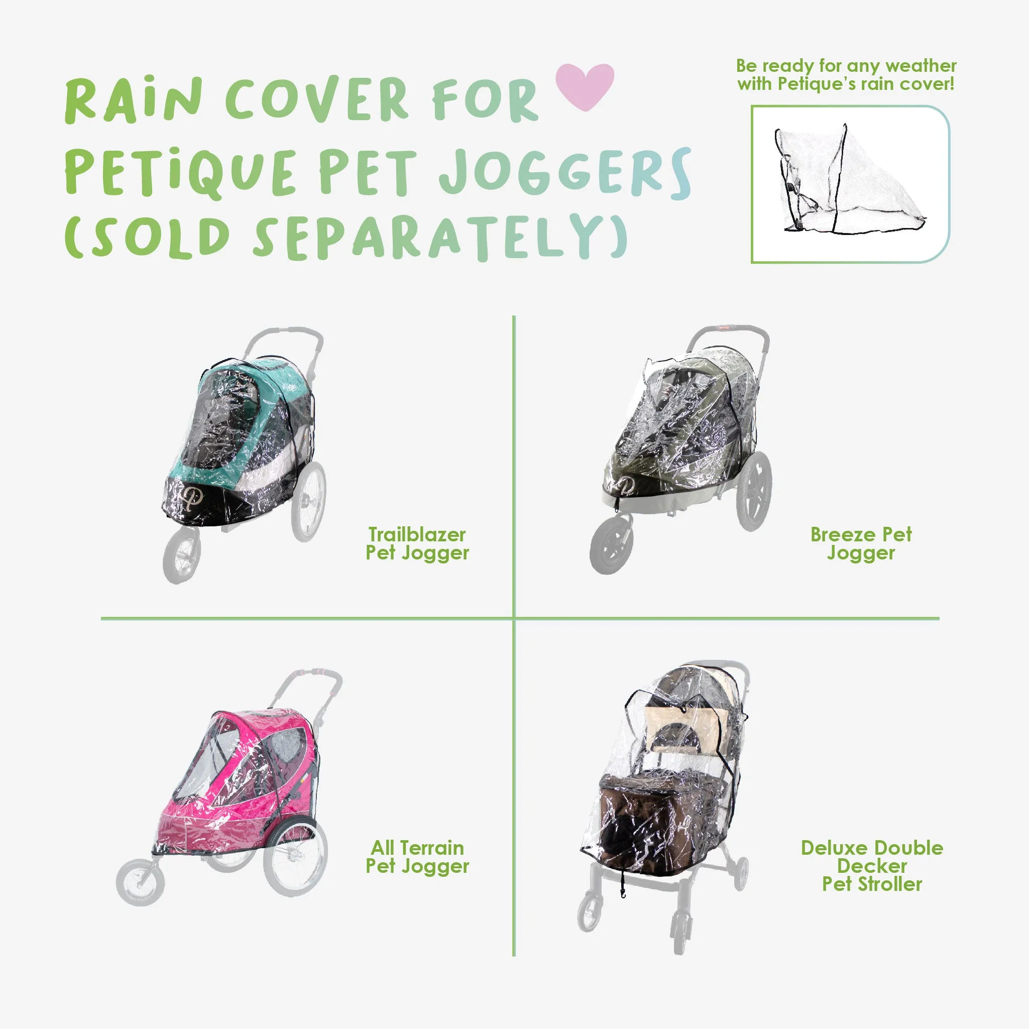 Pet Jogger Rain Cover ONLY, Weather Protection Snow/Rain/Wind Cover for Dog/Cat/Pet Stroller with Ventilation, Foldable, Clear, One Size (COMPATIBLE WITH PETIQUE JOGGERS ONLY)