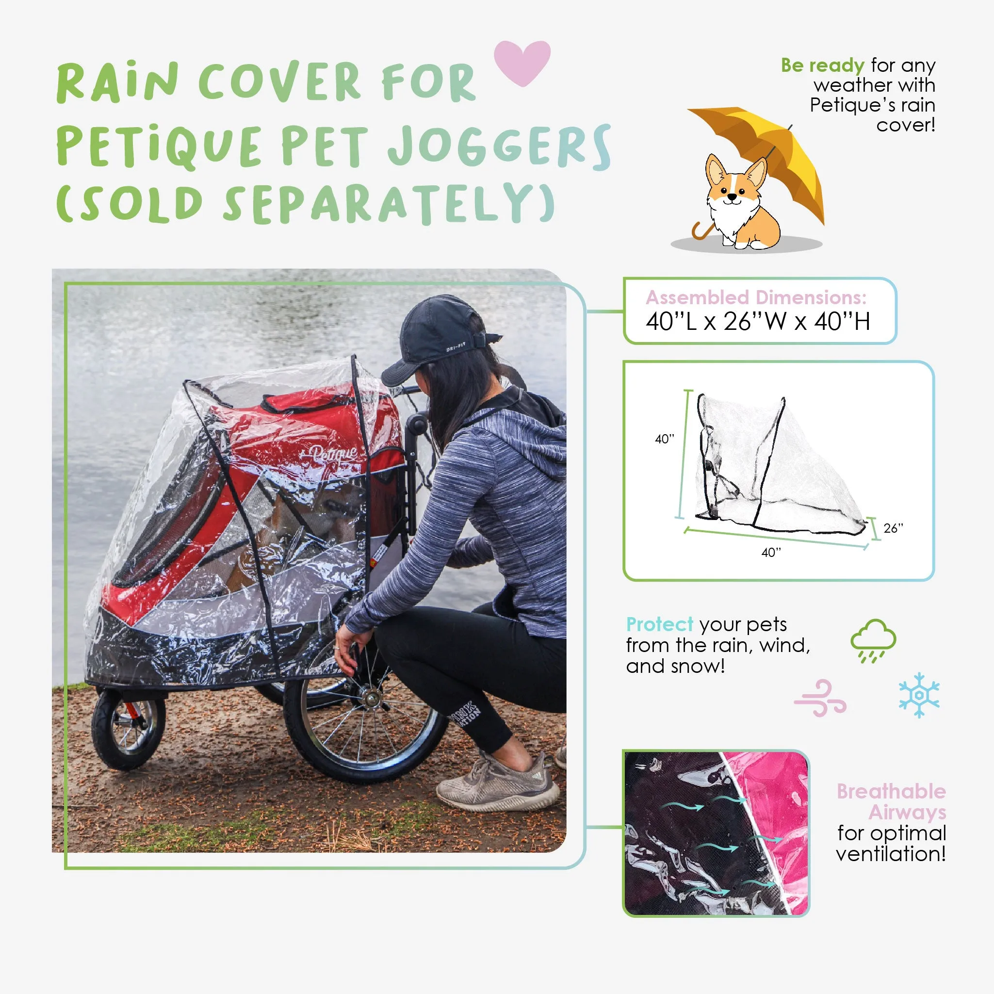 Pet Jogger Rain Cover ONLY, Weather Protection Snow/Rain/Wind Cover for Dog/Cat/Pet Stroller with Ventilation, Foldable, Clear, One Size (COMPATIBLE WITH PETIQUE JOGGERS ONLY)