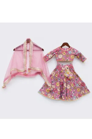 Pink Floral Embroidered Top With Organza Cape And Flared Palazzo Set