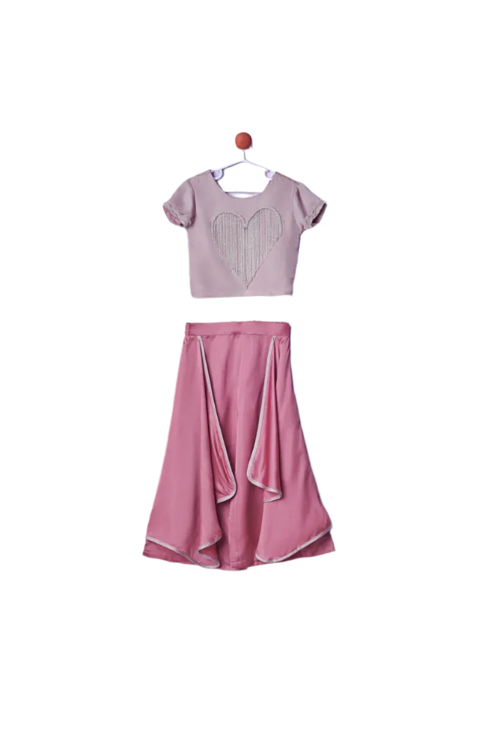 Pink Satin Heart Hanging Embroidery Top With Flared Stylish Pant Set