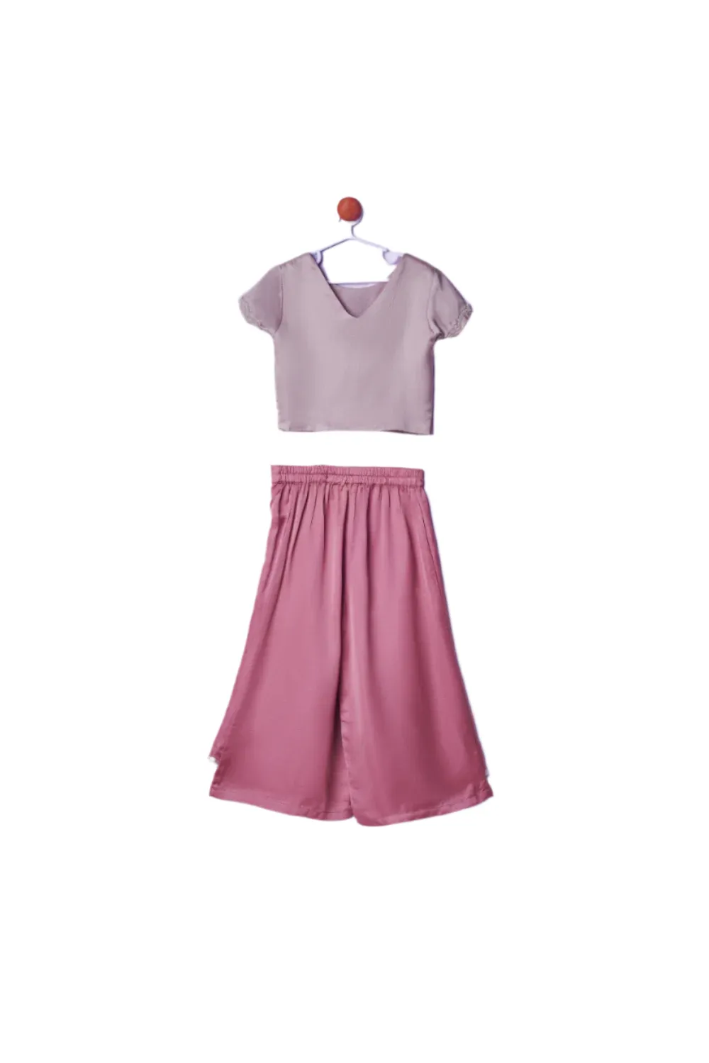 Pink Satin Heart Hanging Embroidery Top With Flared Stylish Pant Set