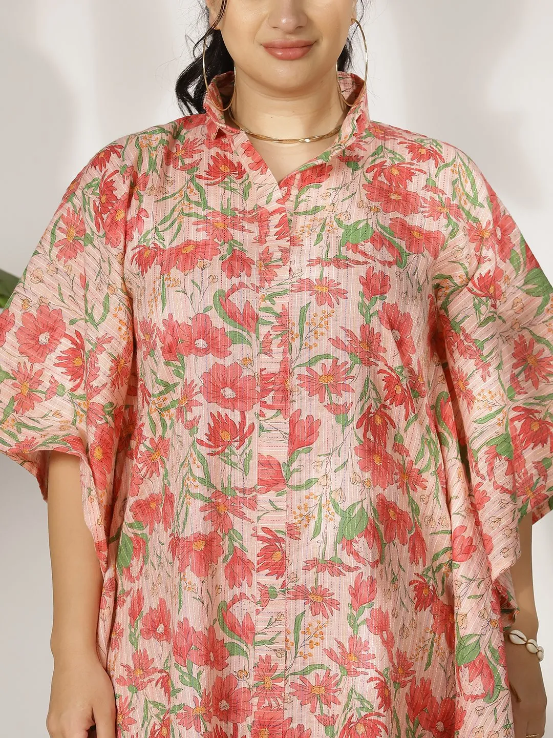 PinkFloral Cotton ShirtKaftan