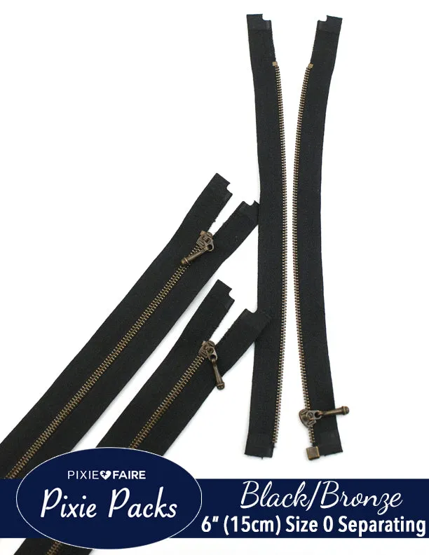 Pixie Packs 6" (15cm) Separating Zippers Black Bronze - Size 0