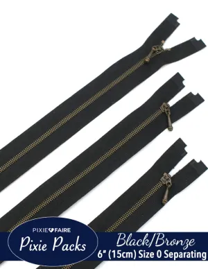 Pixie Packs 6" (15cm) Separating Zippers Black Bronze - Size 0