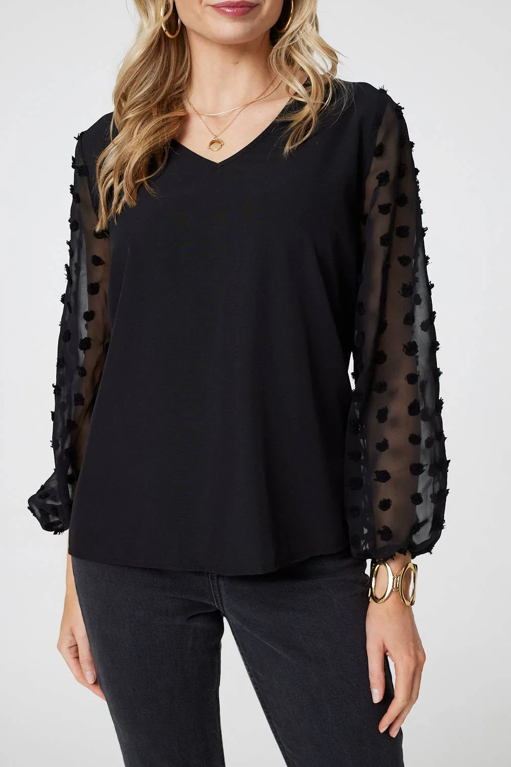 Polka Dot Semi Sheer V-Neck Blouse