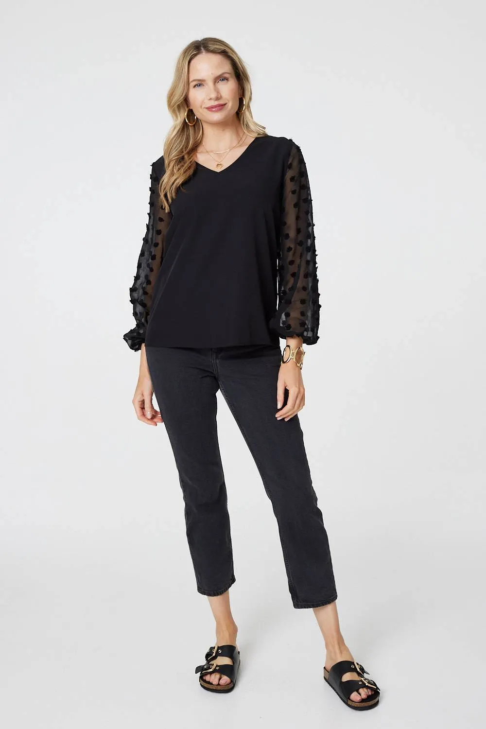 Polka Dot Semi Sheer V-Neck Blouse