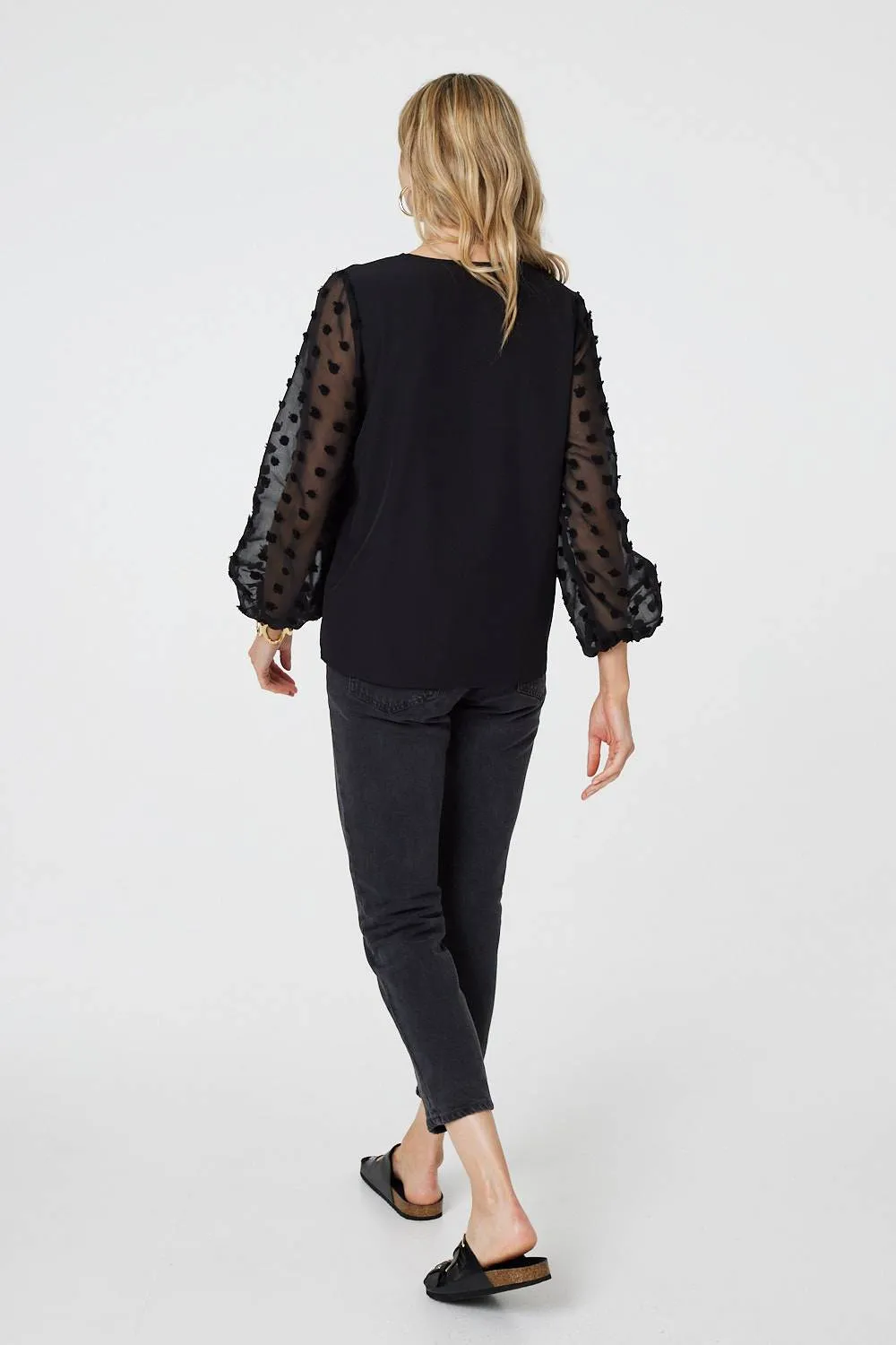 Polka Dot Semi Sheer V-Neck Blouse