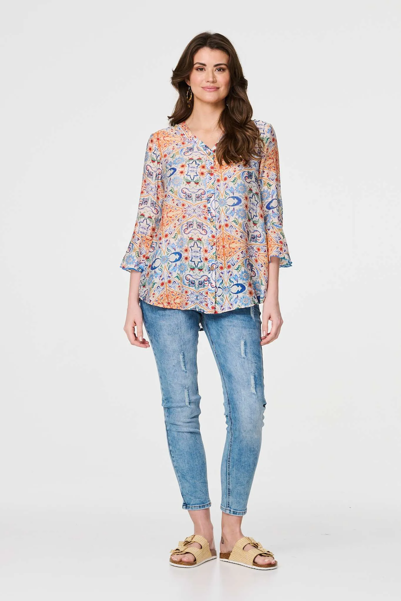 Printed 3/4 Flute Sleeve Blouse