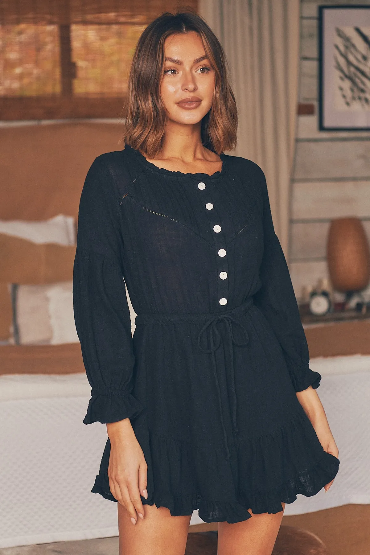 Rafael Black Long Sleeve Shirt Dress