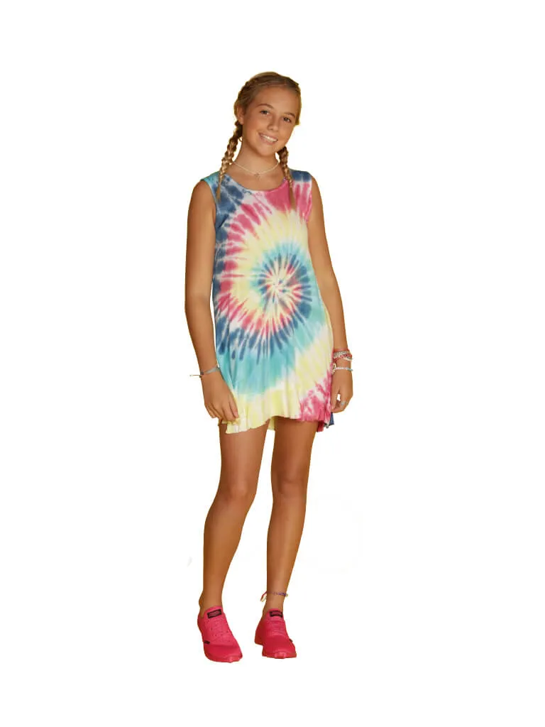 Rainbow tie-dyed asymmetrical dress cover up in a swirl pattern