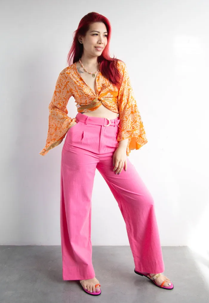 Raja Rani Upcycled Silk Crop Wrap Top - Fanta