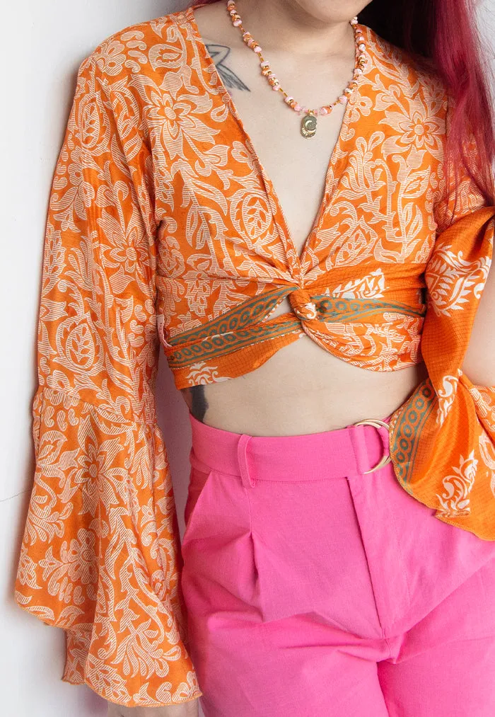 Raja Rani Upcycled Silk Crop Wrap Top - Fanta