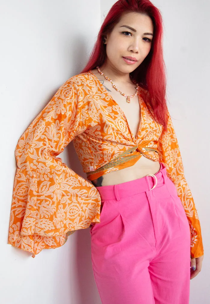 Raja Rani Upcycled Silk Crop Wrap Top - Fanta