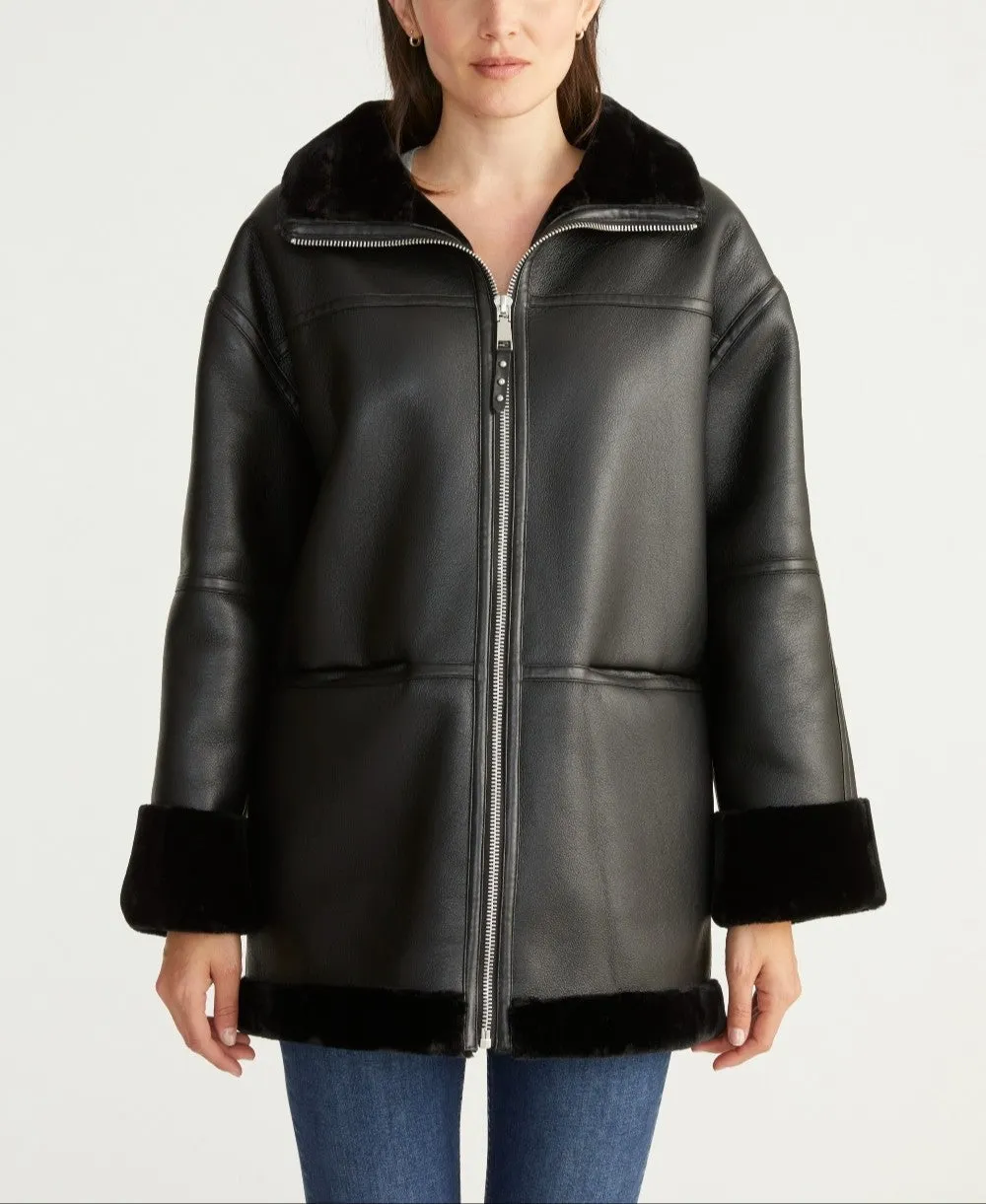 Rebecca Minkoff Women's Vegan Shearling Zip Front Car Coat With Convertible Collar