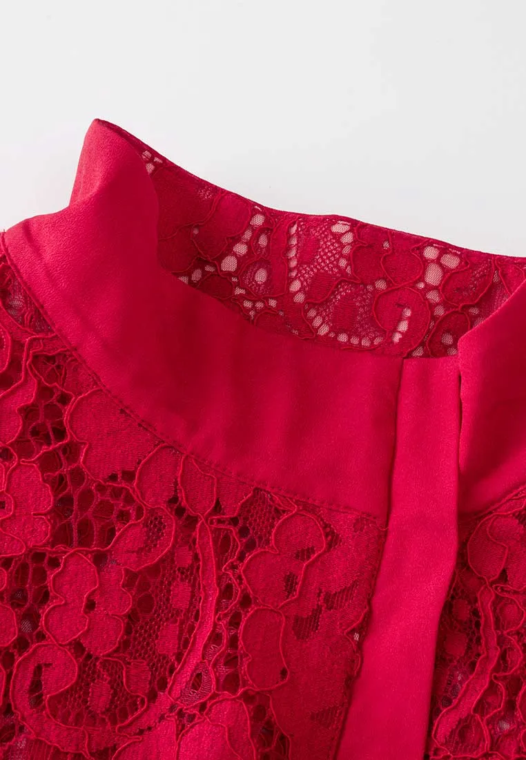 Red Jacquard Lace Cape Top