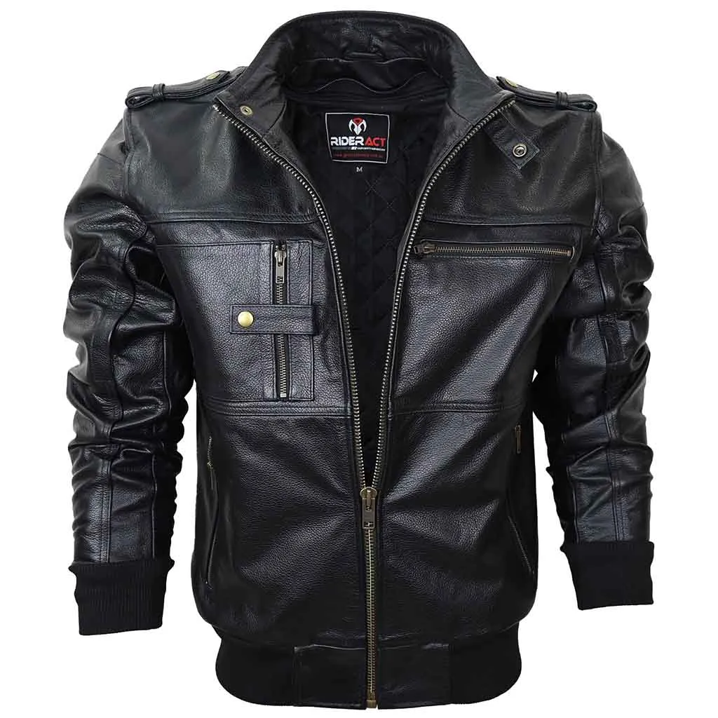 RIDERACT® Men Leather Motorcycle Jacket Black with Hood Stinger Moto Jacket