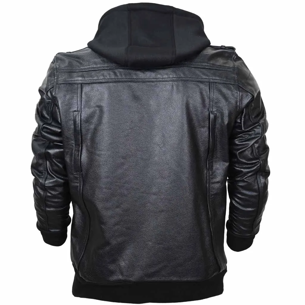 RIDERACT® Men Leather Motorcycle Jacket Black with Hood Stinger Moto Jacket