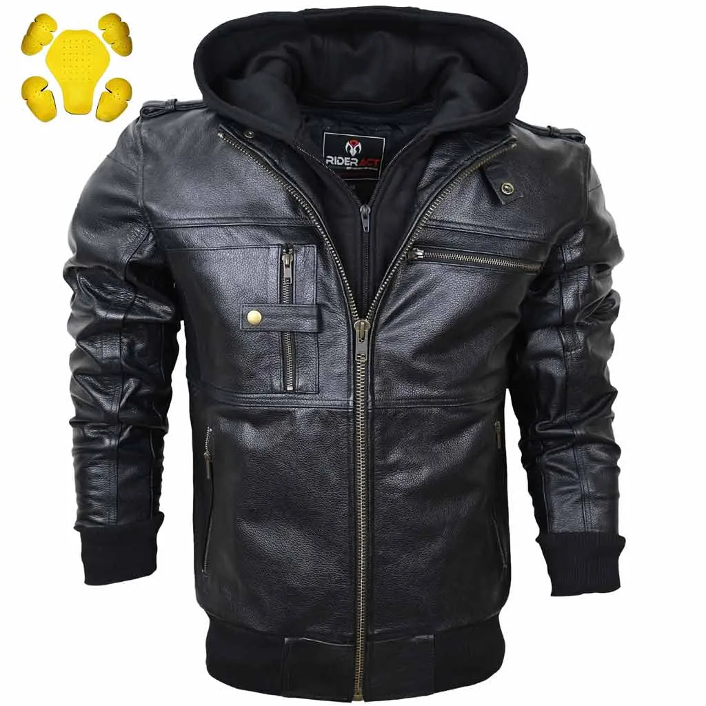 RIDERACT® Men Leather Motorcycle Jacket Black with Hood Stinger Moto Jacket