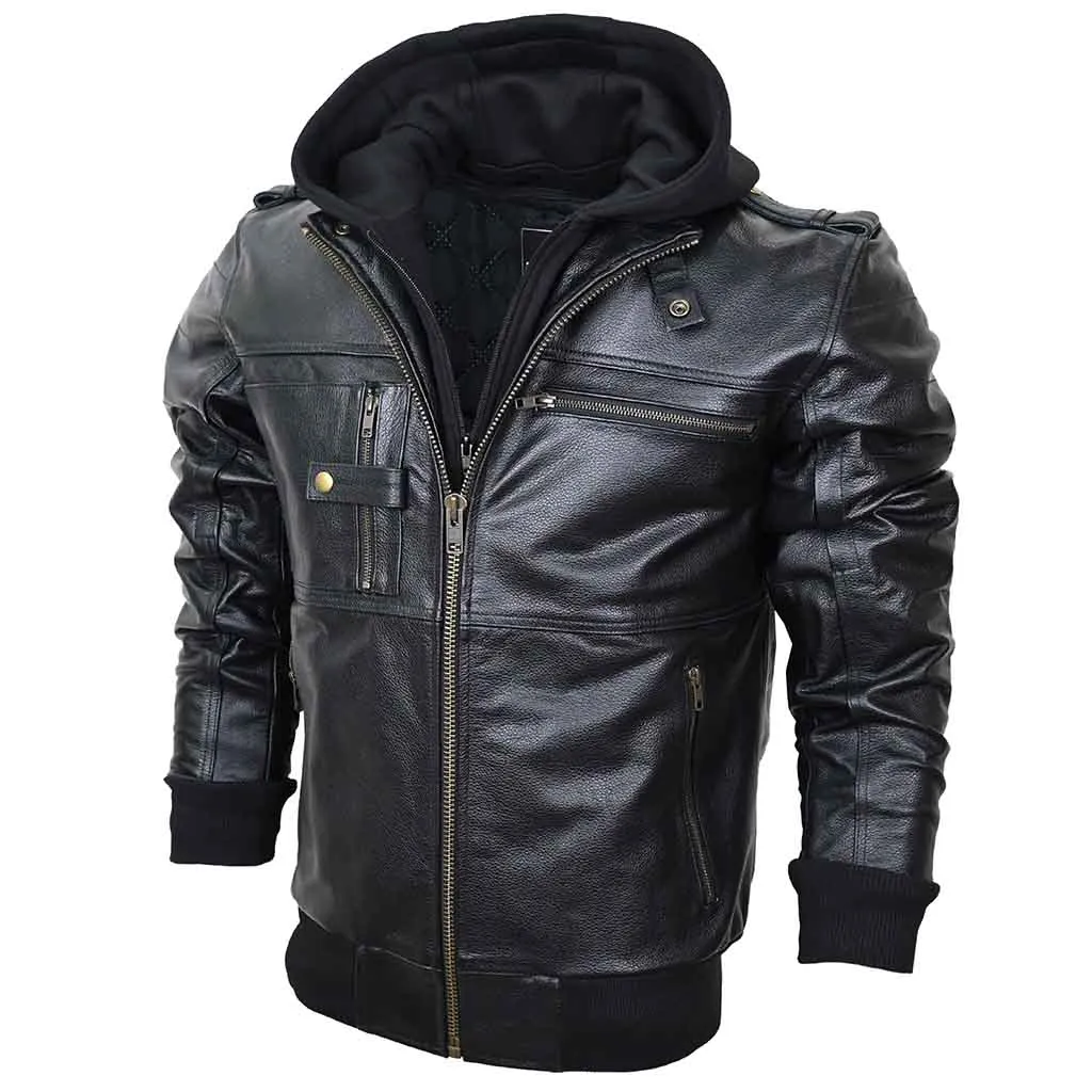 RIDERACT® Men Leather Motorcycle Jacket Black with Hood Stinger Moto Jacket