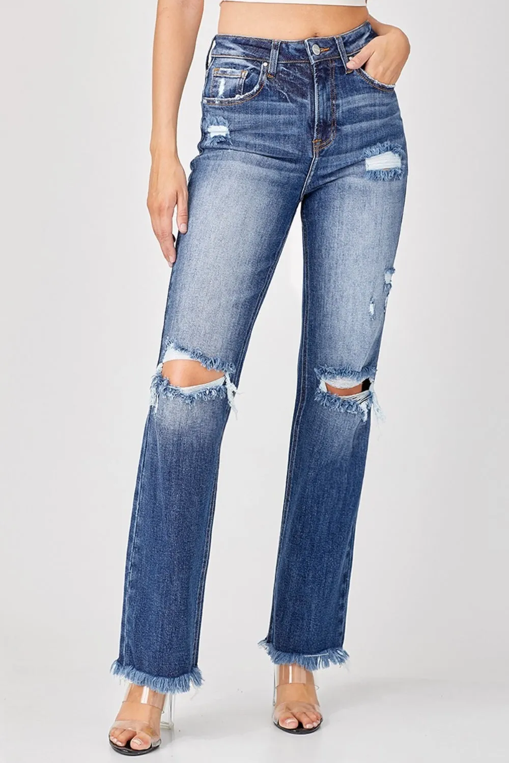 Risen Raw Hem Distressed Straight Jeans