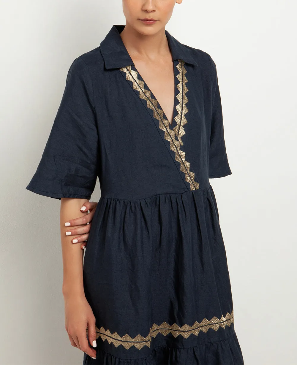 SHIRT LINEN DRESS "FEATHER" - NAVY/GOLD