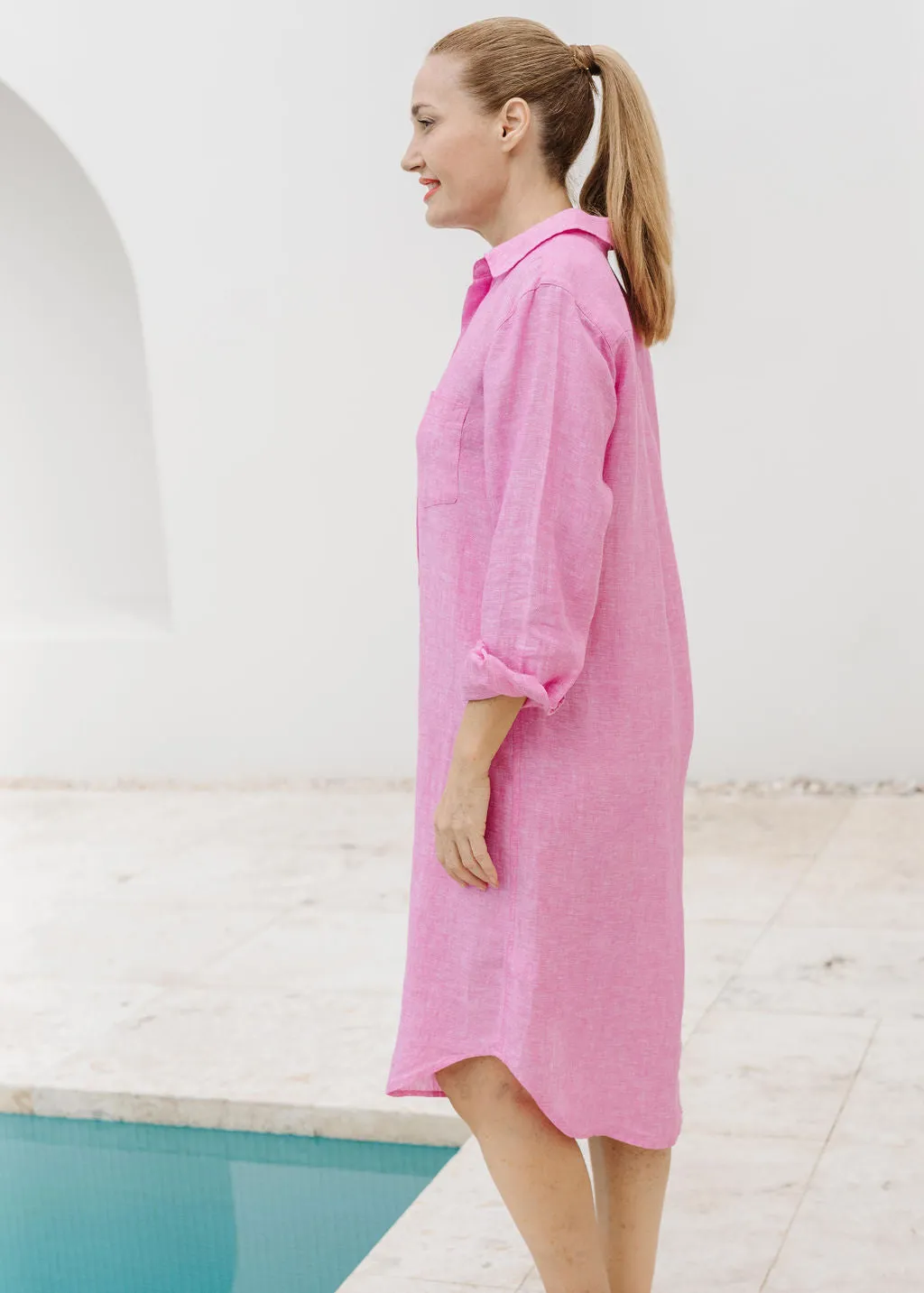 Shirt Maker Linen Dress Bright Pink