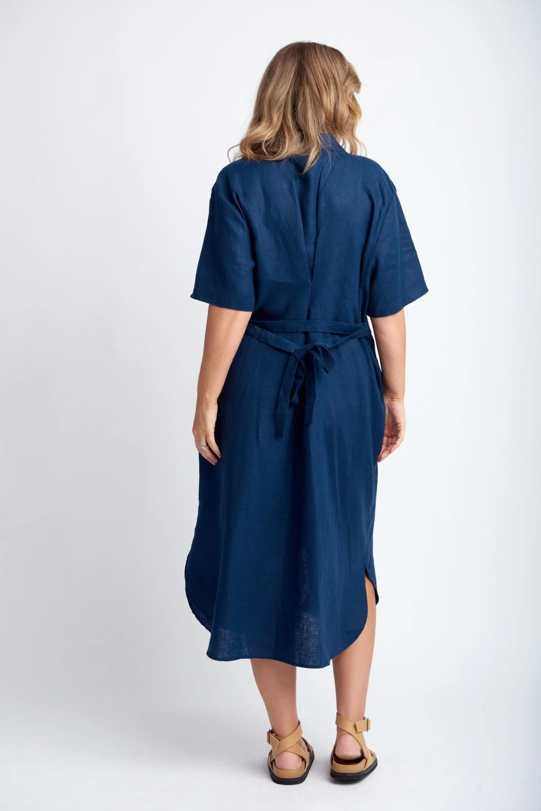 Short Sleeve Linen Shirt Dress With Belt Navy