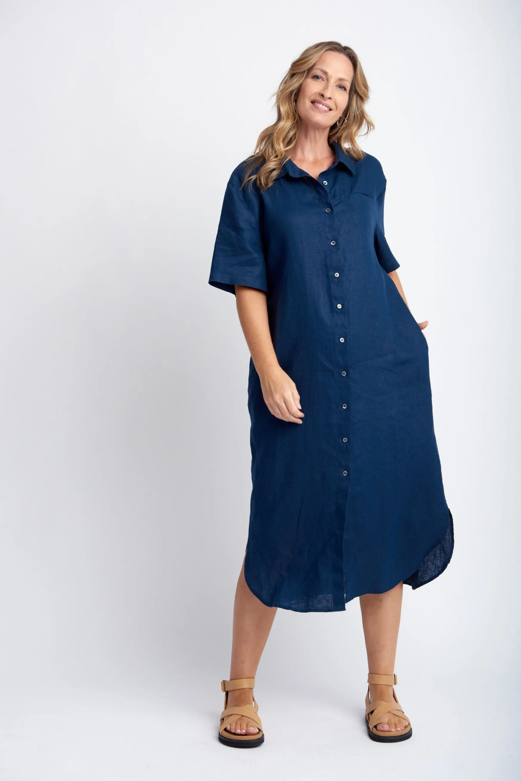 Short Sleeve Linen Shirt Dress With Belt Navy