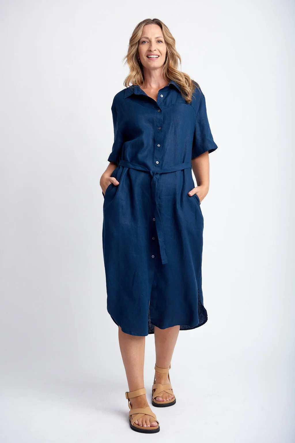 Short Sleeve Linen Shirt Dress With Belt Navy