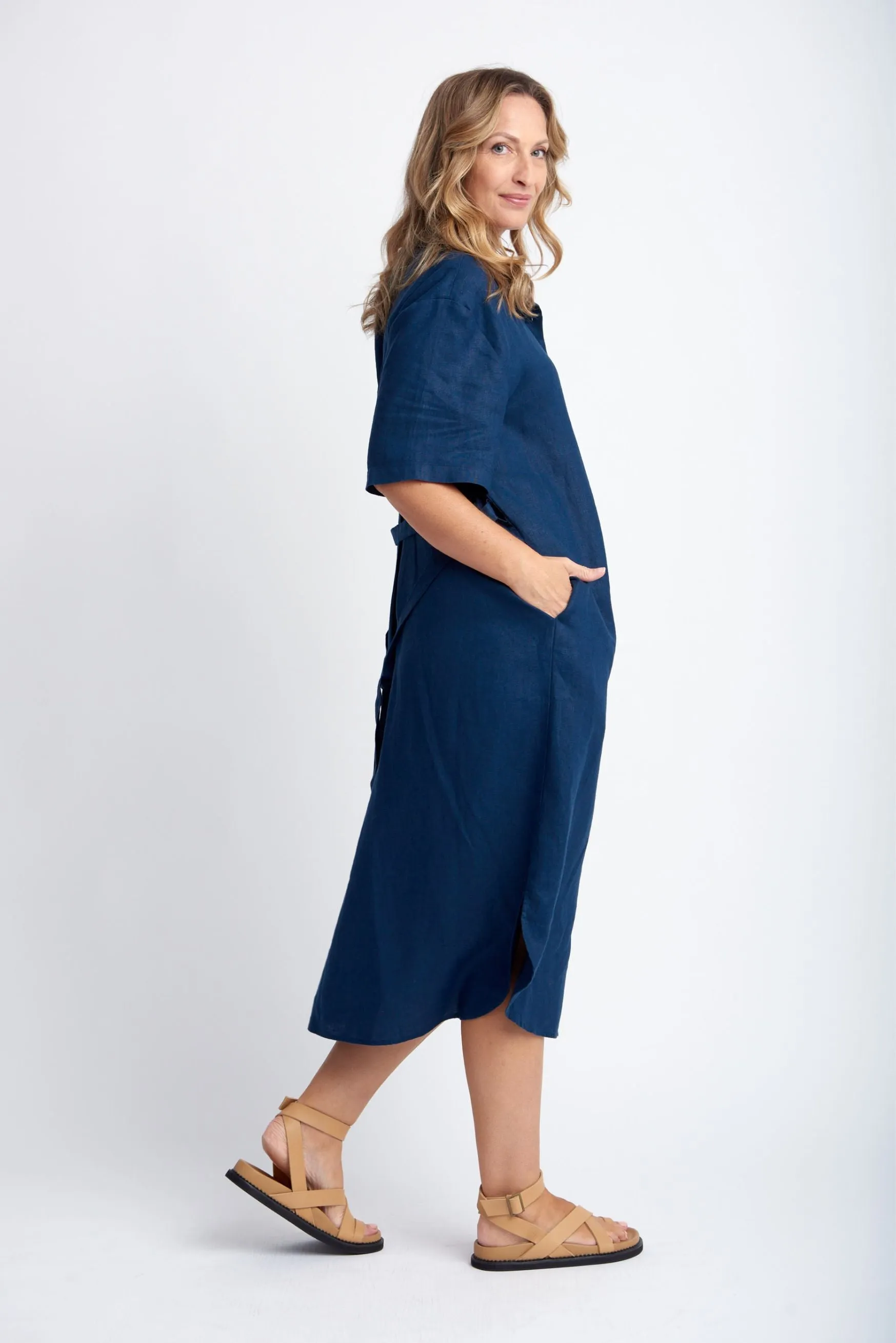 Short Sleeve Linen Shirt Dress With Belt Navy