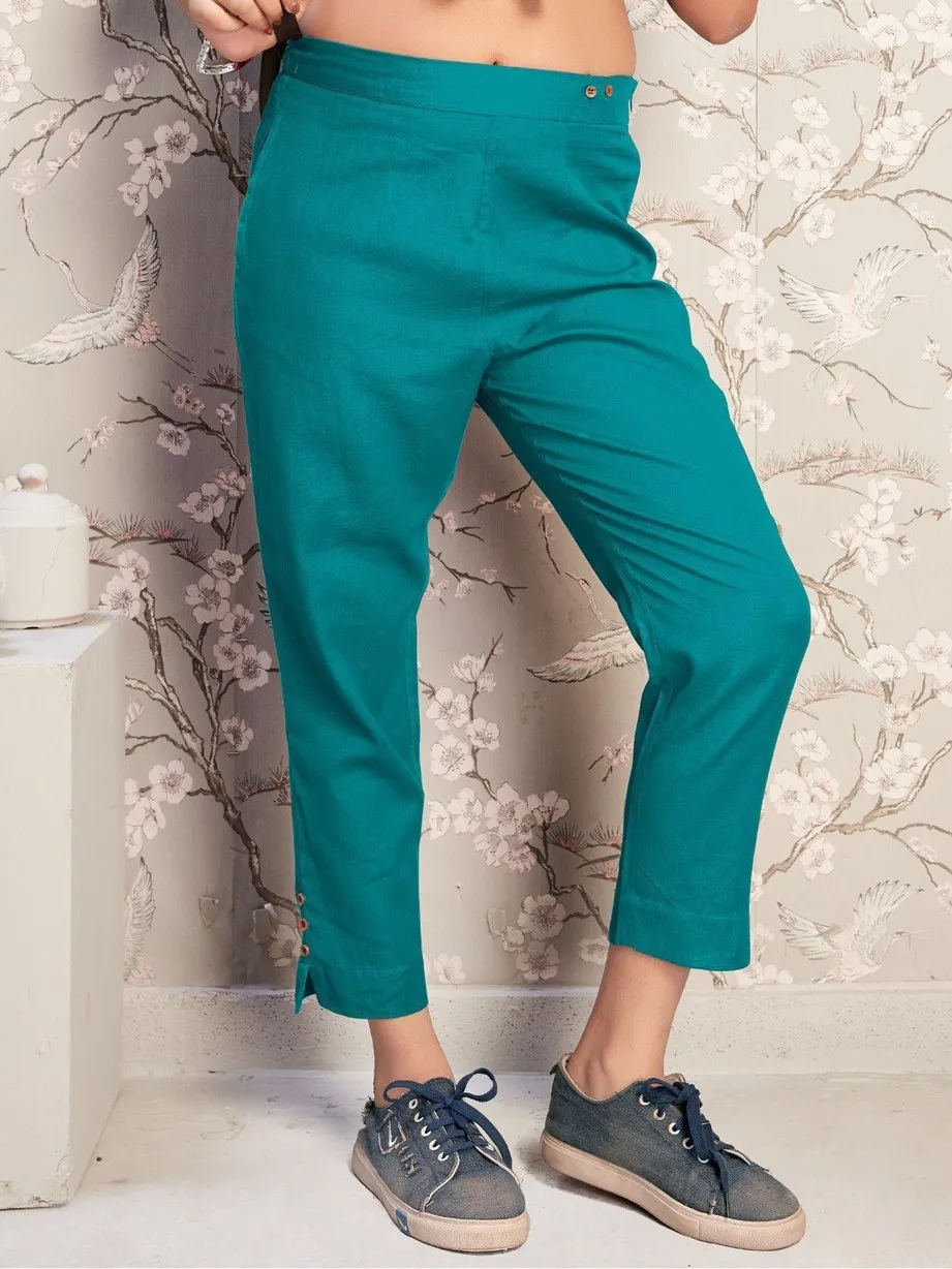 Solid Cotton Flex Women's Pants Sea Green