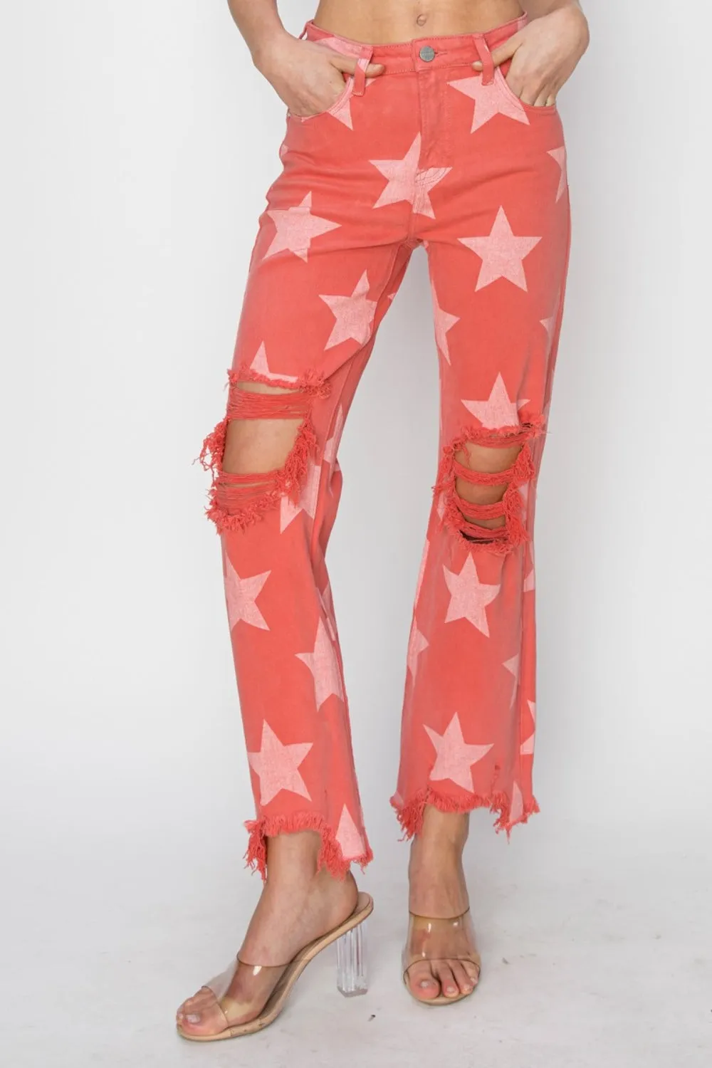 TEEK - Peach Blossom Distressed Raw Hem Star Pattern Jeans