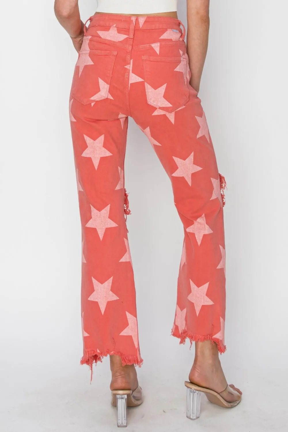 TEEK - Peach Blossom Distressed Raw Hem Star Pattern Jeans