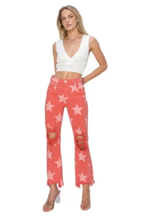 TEEK - Peach Blossom Distressed Raw Hem Star Pattern Jeans