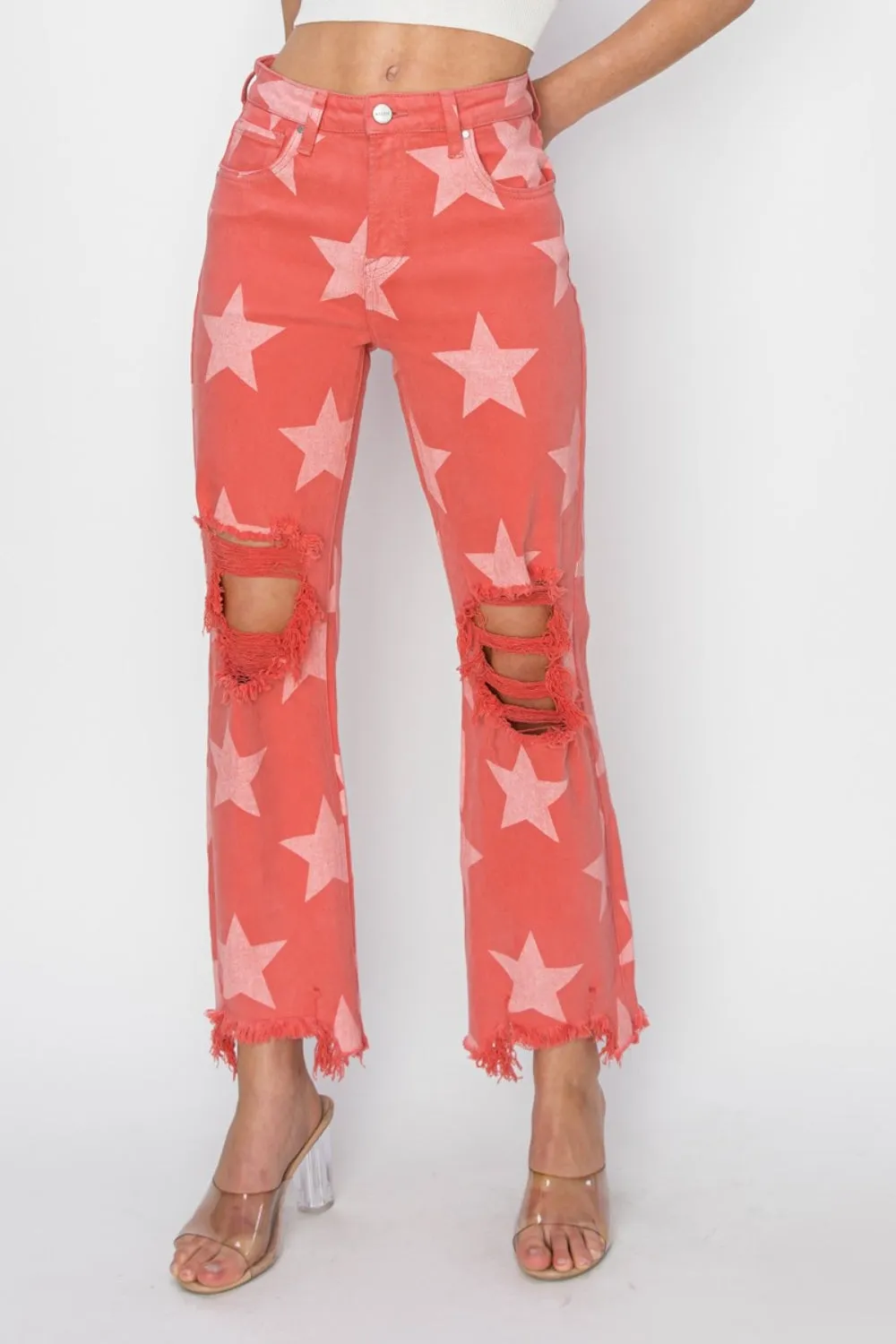 TEEK - Peach Blossom Distressed Raw Hem Star Pattern Jeans