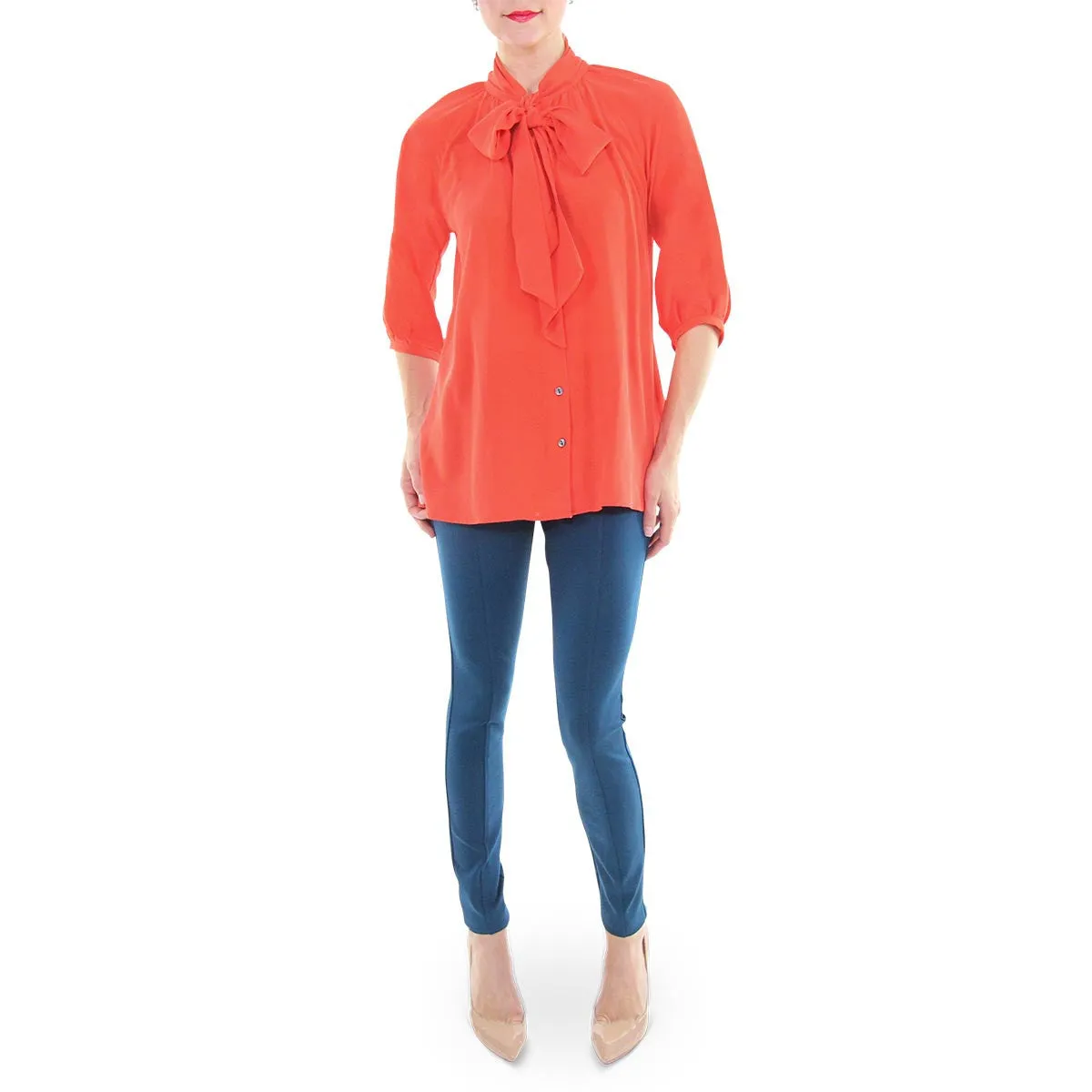 Tess Button Down Bow Blouse - Aurora Red