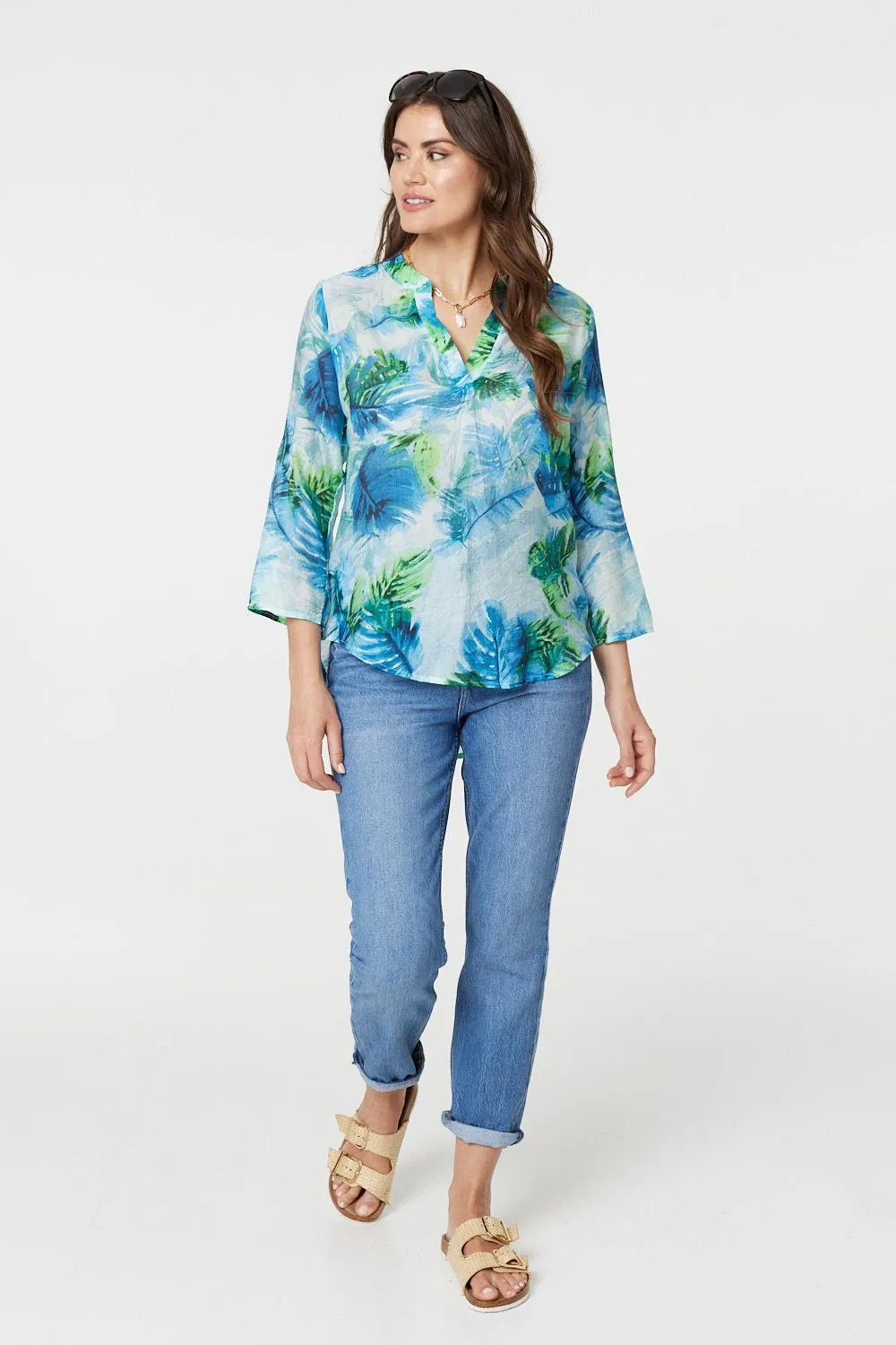 Tropical Print V-Neck 3/4 Sleeve Blouse