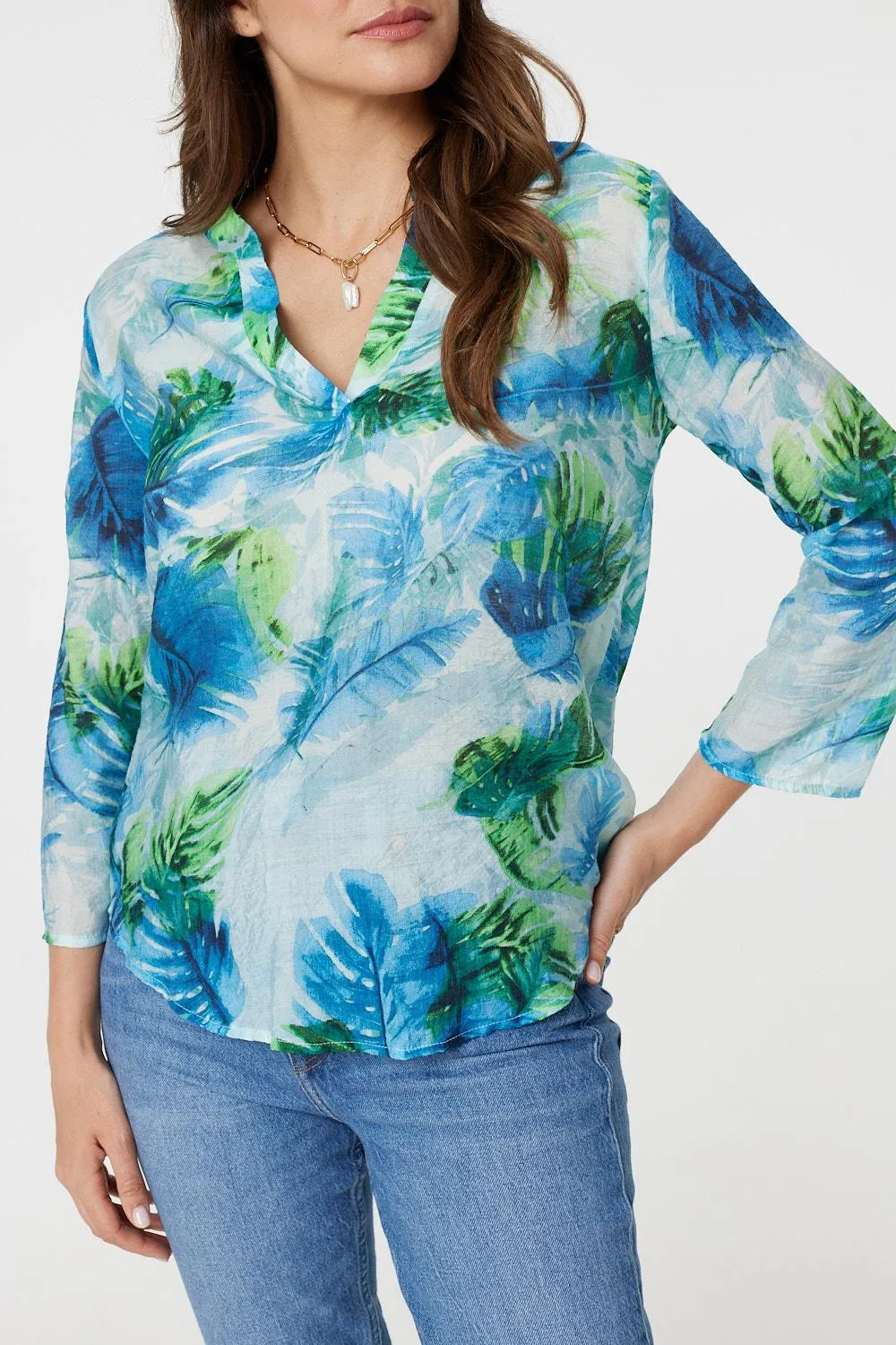 Tropical Print V-Neck 3/4 Sleeve Blouse