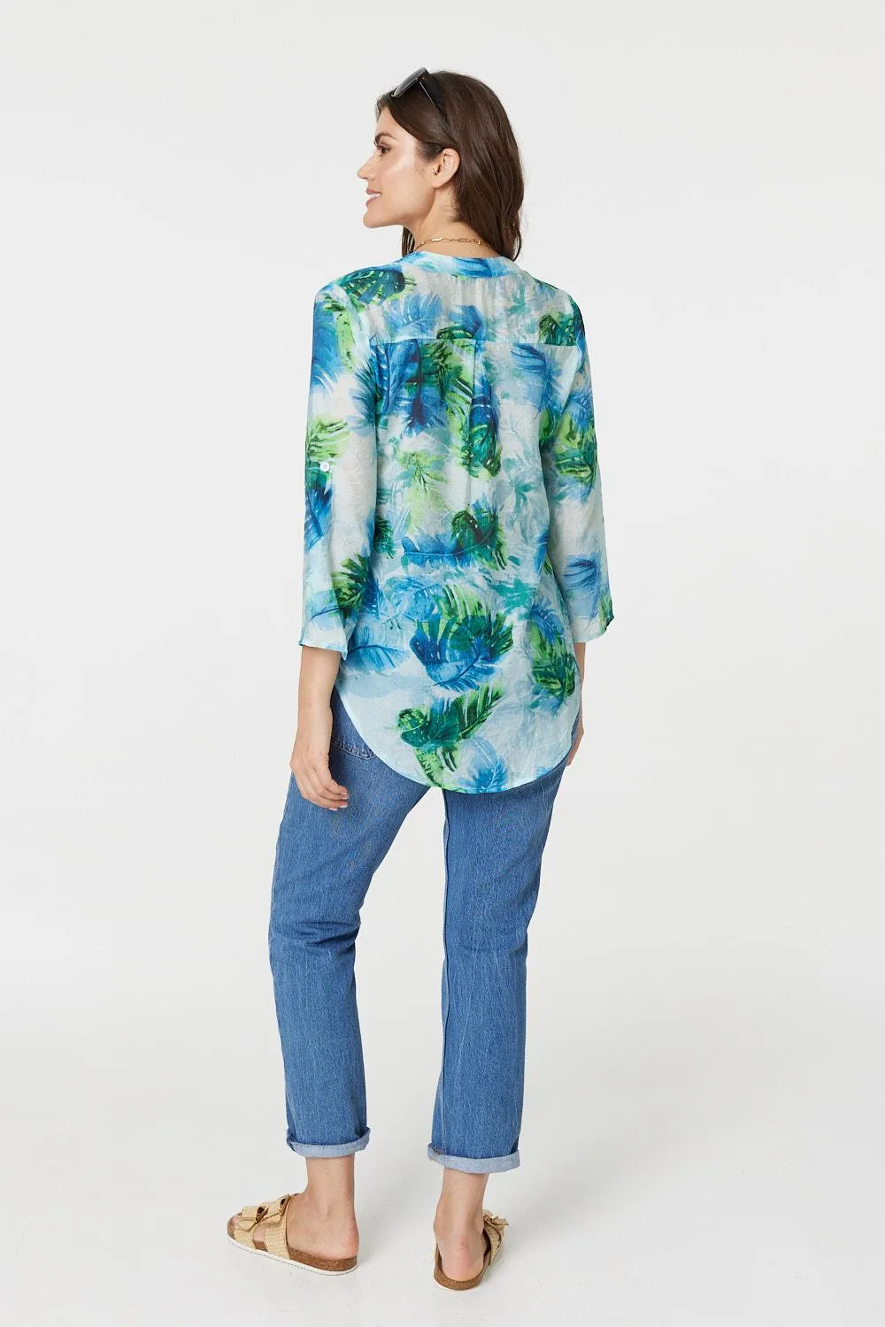 Tropical Print V-Neck 3/4 Sleeve Blouse