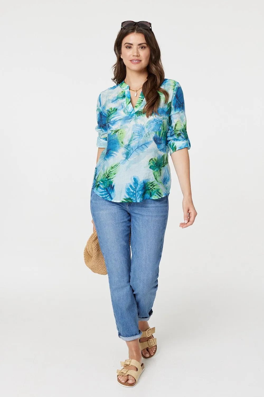 Tropical Print V-Neck 3/4 Sleeve Blouse