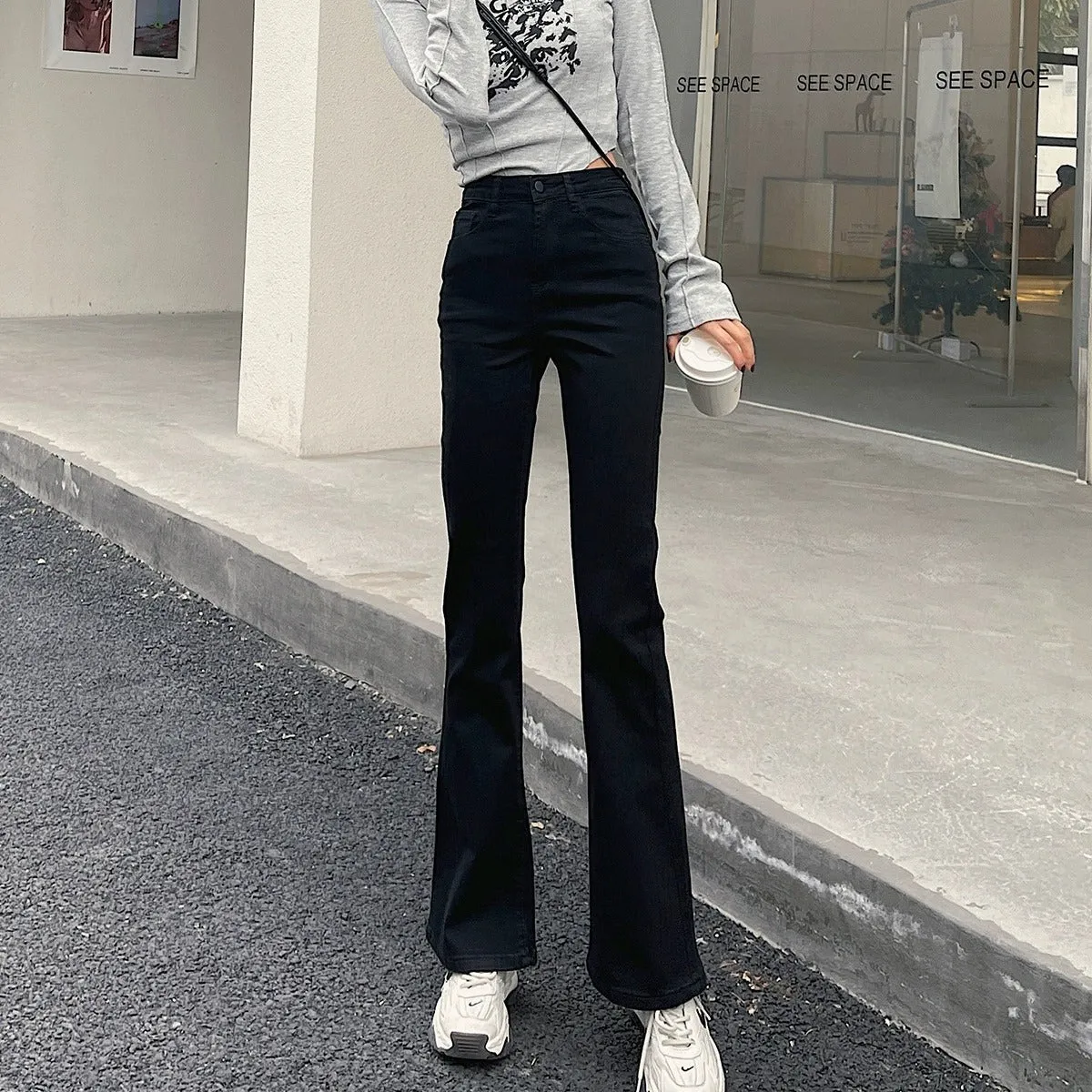 Uniwim tailgate outfit black women 2024 Summer Thin Straight Jeans Women's High Waist Slimming Fat Covering Wide Leg Black Micro Horn Mop Pants