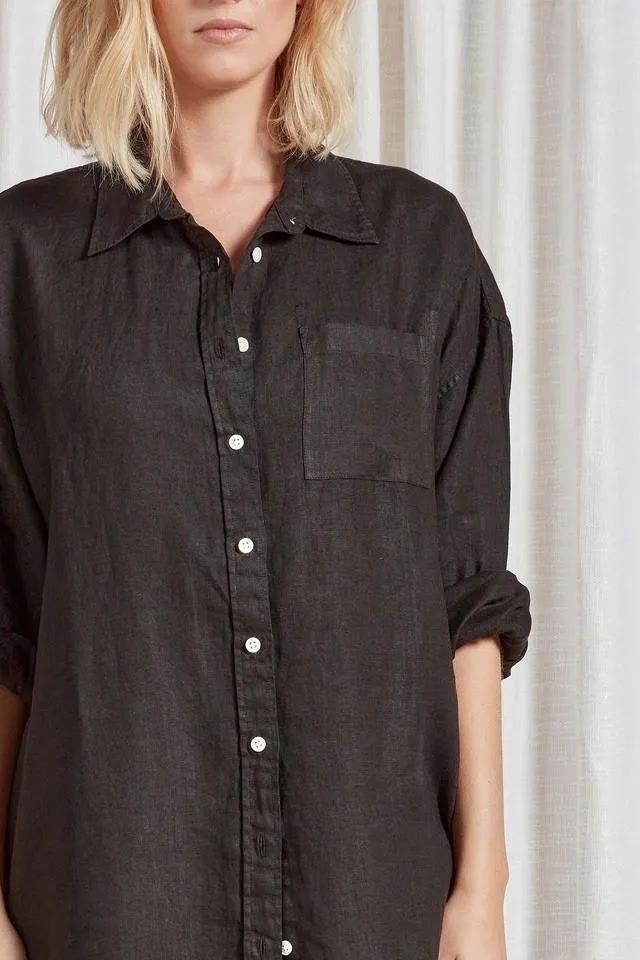 (W) Hampton L/S Linen Shirt Dress in Black